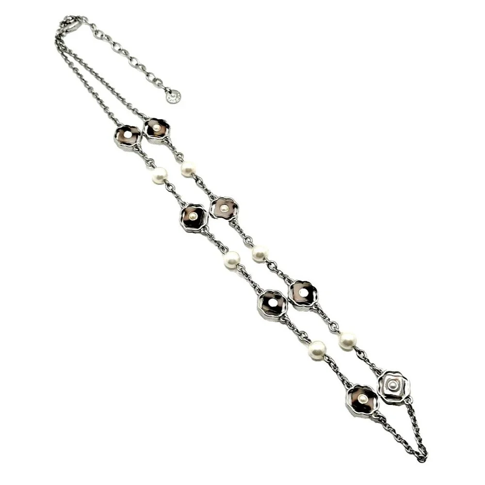 Talbots Station Necklace Tortoise Shell Faux Pearl Floral Accent Statement 25